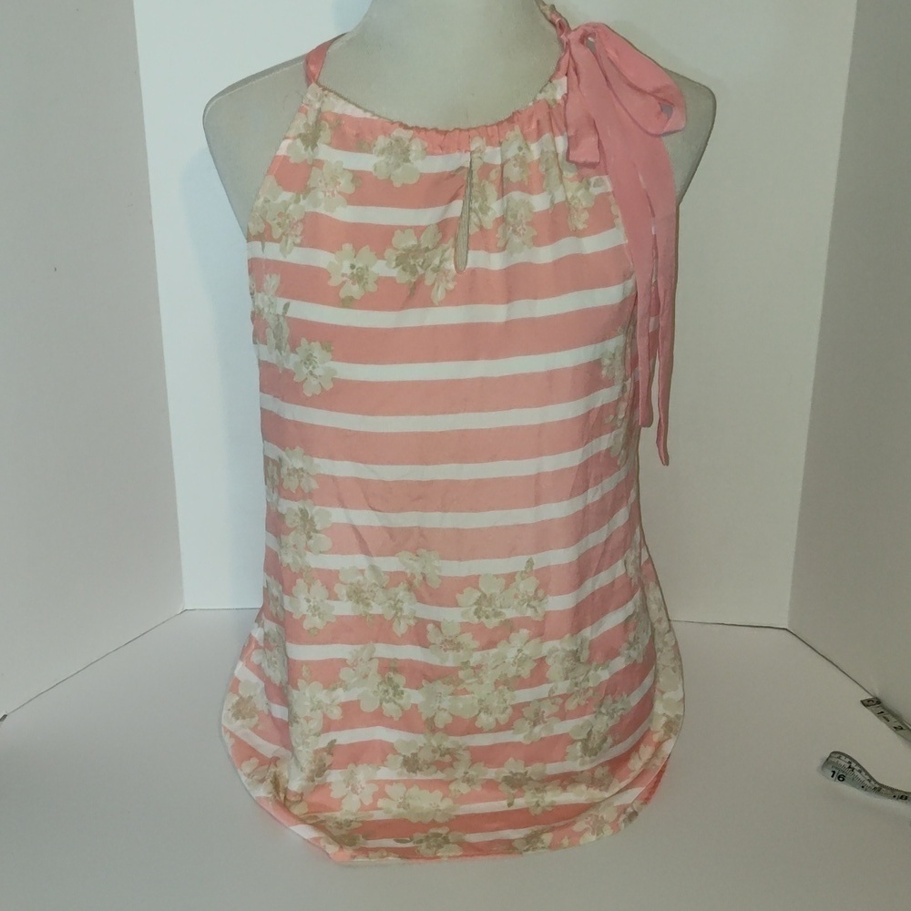 New York & Company Striped Floral Sleeveless Top BowTie  Pink L